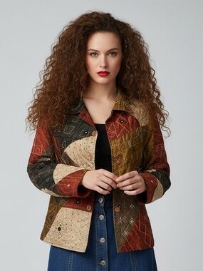 Parsley & Sage Patchwork Embroidered Jacket Padded Shoulder Size L